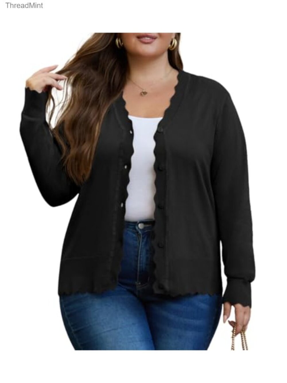 Plus Size Long Sleeve Wave Edge Knit Cardigan Open Front Sweater